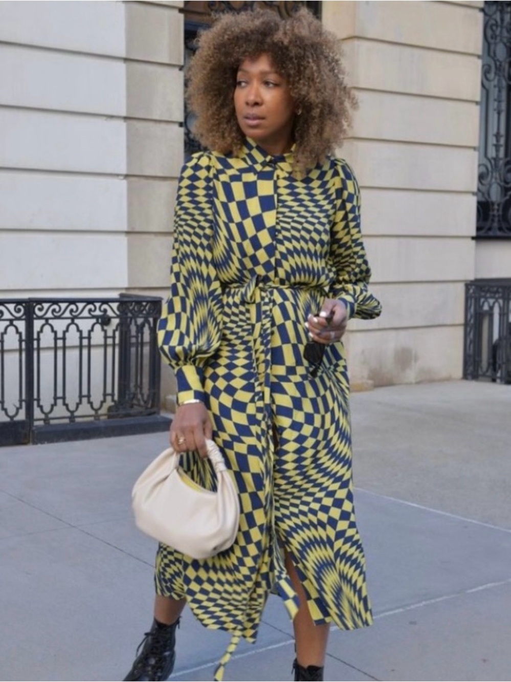 Geometric Print Tie-Waist Midi Shirt Dress - Yellow Navy